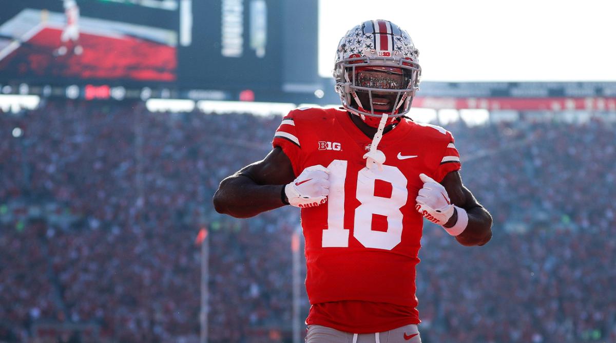 Ohio State wide receiver Marvin Harrison Jr. (18) celebrates a touchdown against Michigan during the first half at Ohio Stadium in Columbus on Nov. 26, 2022.